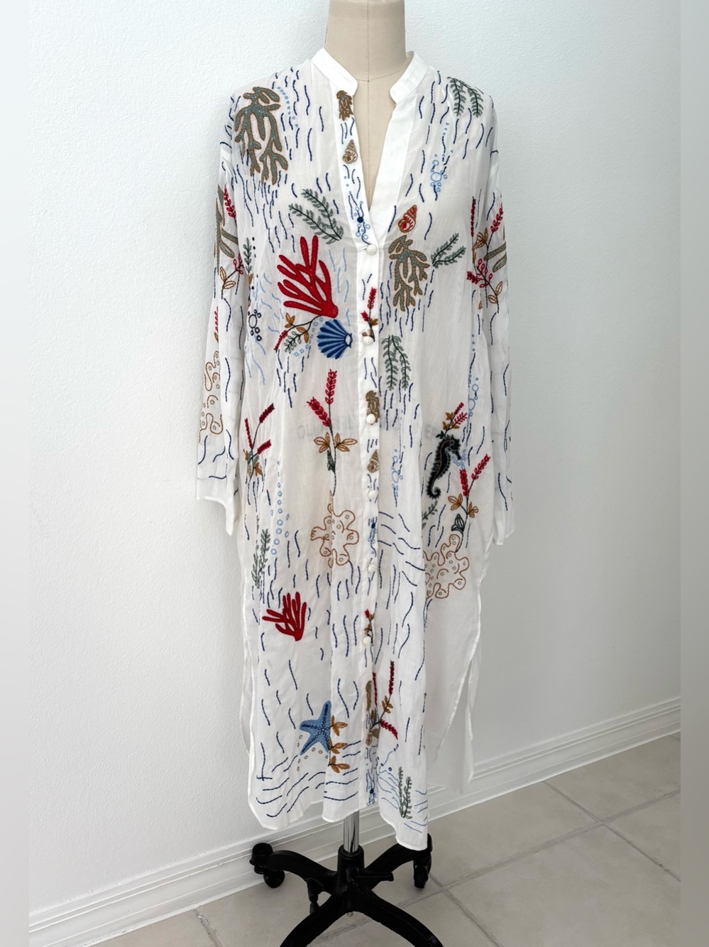 Zara Embroidered Sea Life Midi Shirt Dress Tunic NWT White Oversized M